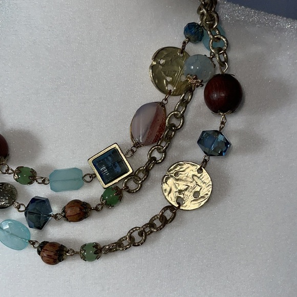 Three strand statement necklace gold, wood, blue - Picture 2 of 4